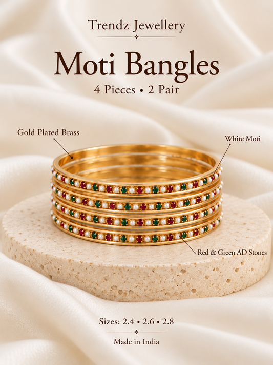 Gold Plated Moti Bangles with Red and Green AD Stones for Women | 4 Pieces (2 Pair)