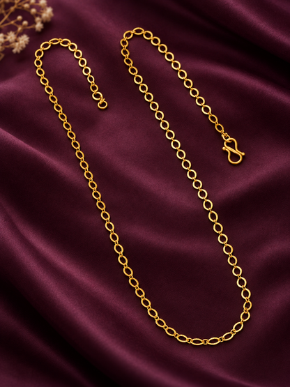 Thin gold plated oval link chain with S-hook on maroon velvet
