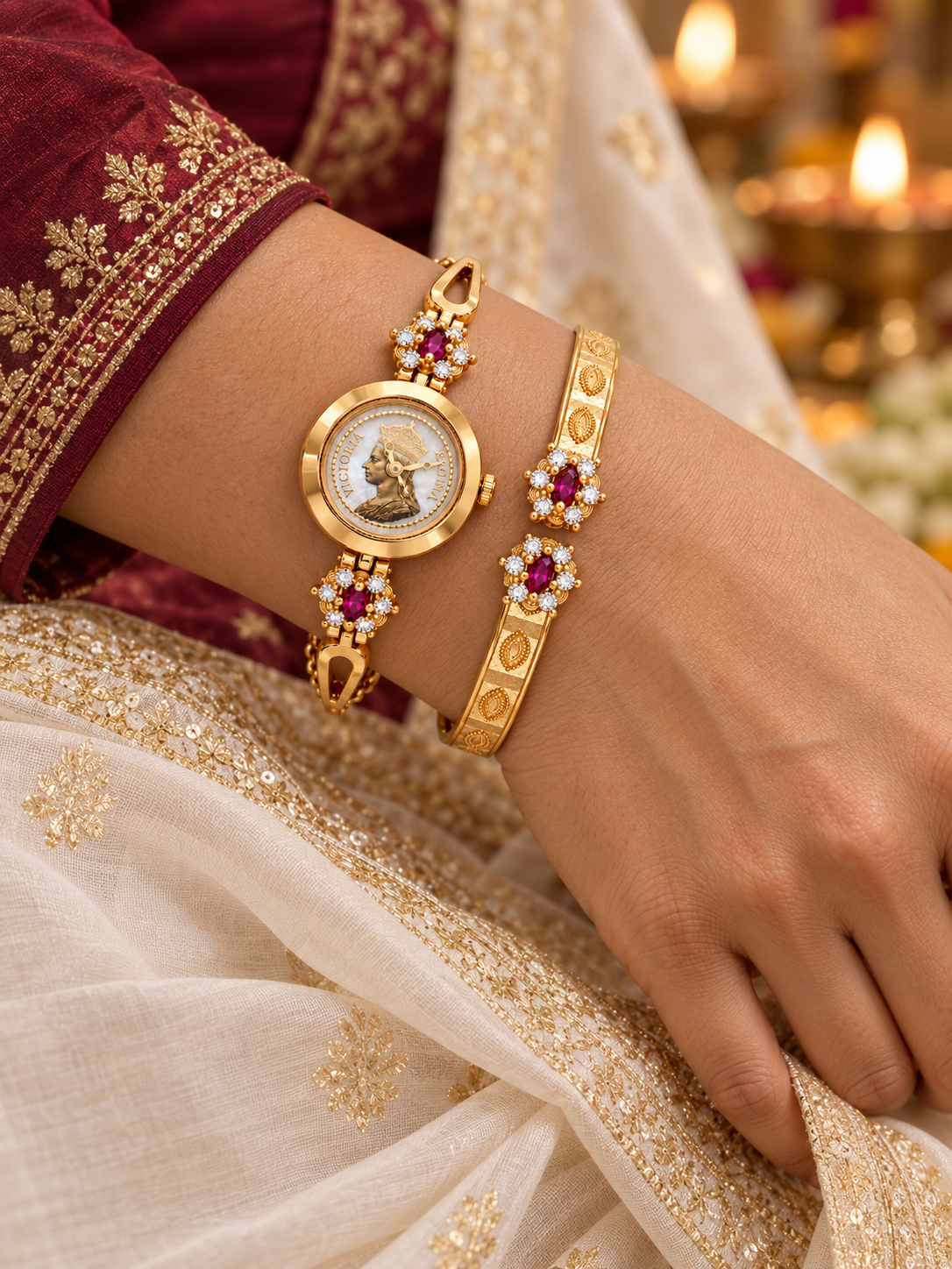 Gold plated watch and kada set worn with maroon embroidered outfit for festive look