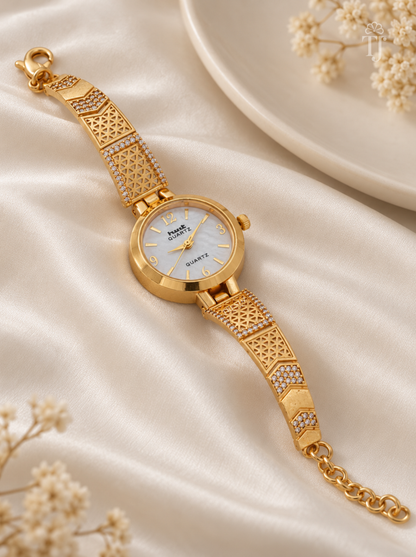 Festive Gold Plated Bracelet Watch for Women with Jali Design and AD Stones