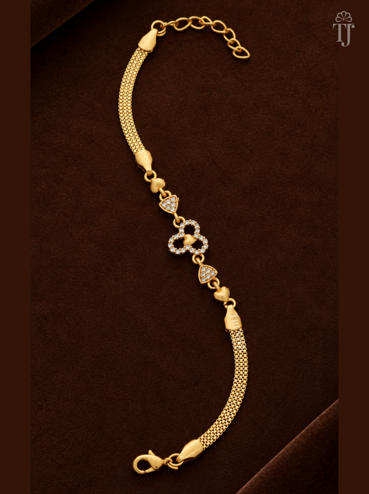 Heart bracelet for women, gold plated with three-ring AD stone flower charm on brown velvet