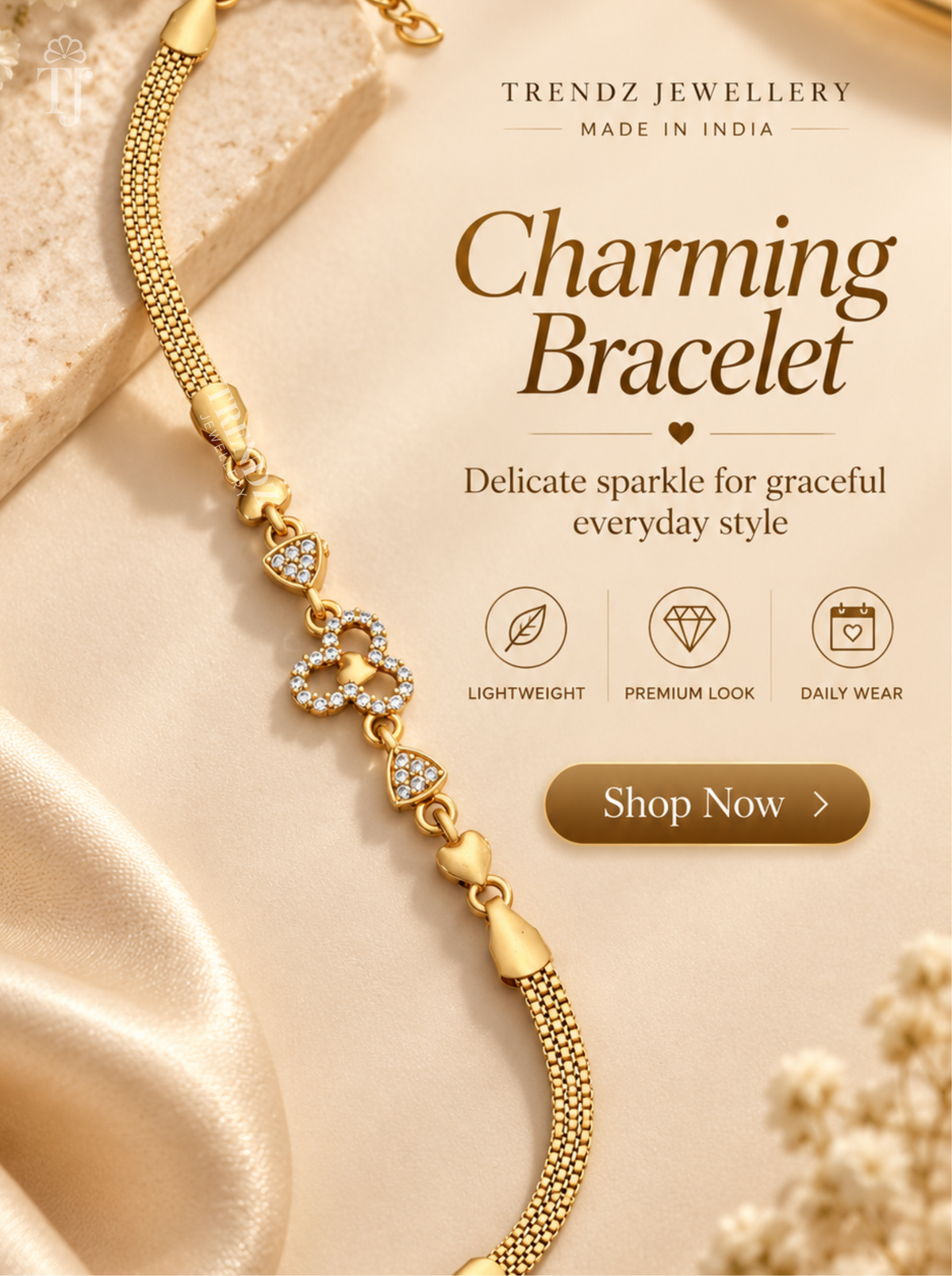 Heart charm bracelet with white AD stones and mesh chain, Trendz Jewellery