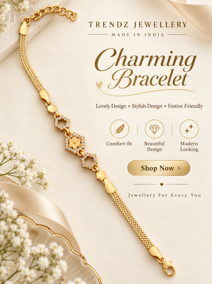 Hexagon charm bracelet with white AD stones and mesh chain, Trendz Jewellery