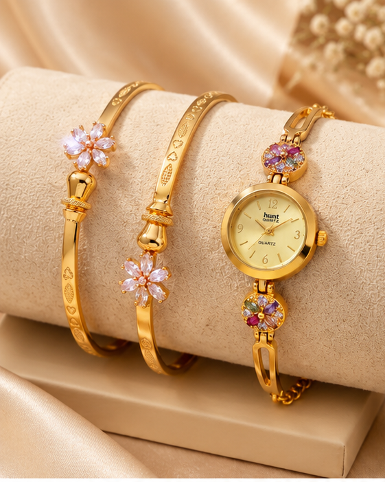 Gold Plated Bracelet Watch with Floral Bangles Combo Set