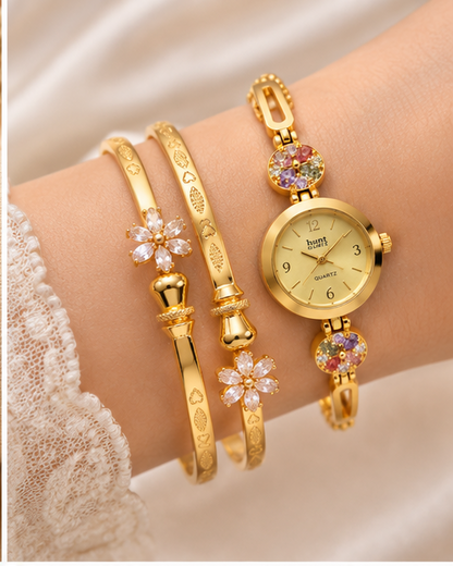 Gold Plated Bracelet Watch with Floral Bangles Combo Set