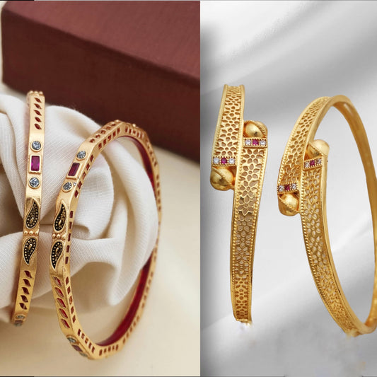 Sylish Micro Gold Plated Bangles Combo With Trendy Flower Design Bangles Pack of 2 pair (4 Pieces)