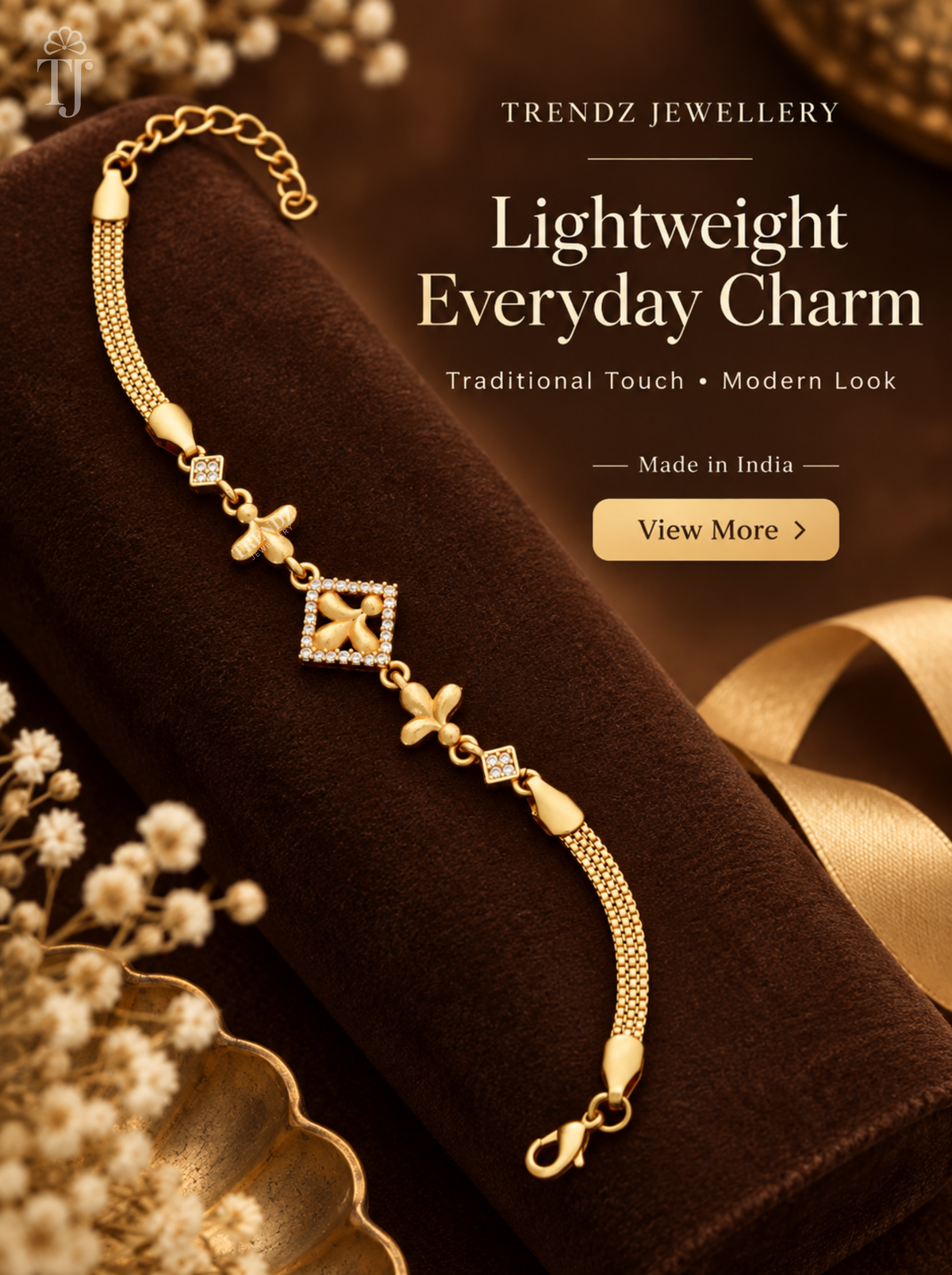Lightweight gold plated charm bracelet with mesh chain and lobster clasp, Trendz Jewellery