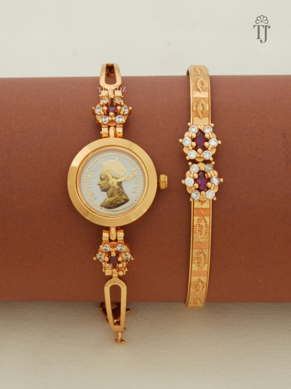 Micro gold plated bangle watch and kada with ruby colour stone flowers, front view