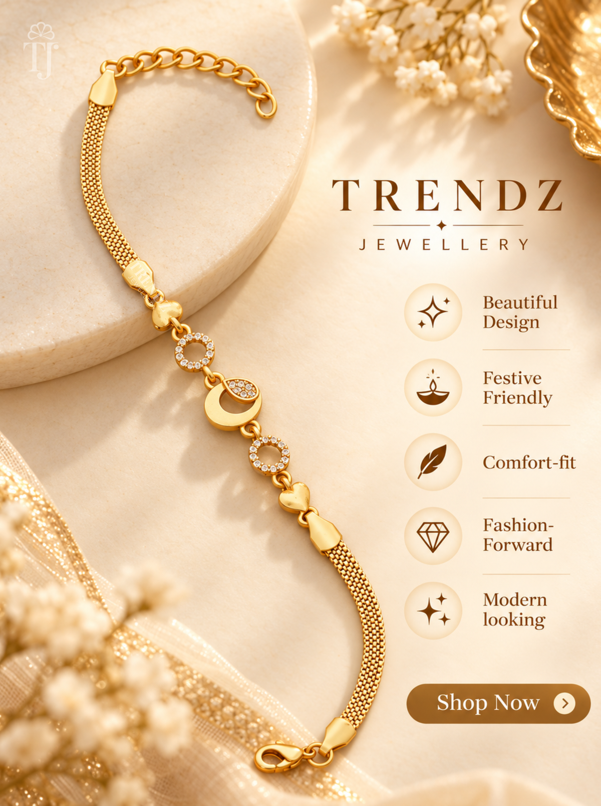 Moon bracelet with AD stones and flat chain, Trendz Jewellery