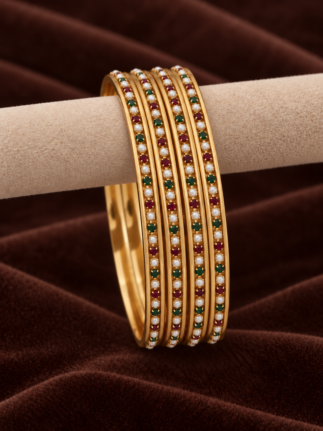 Gold Plated Moti Bangles with Red and Green AD Stones for Women | 4 Pieces (2 Pair)