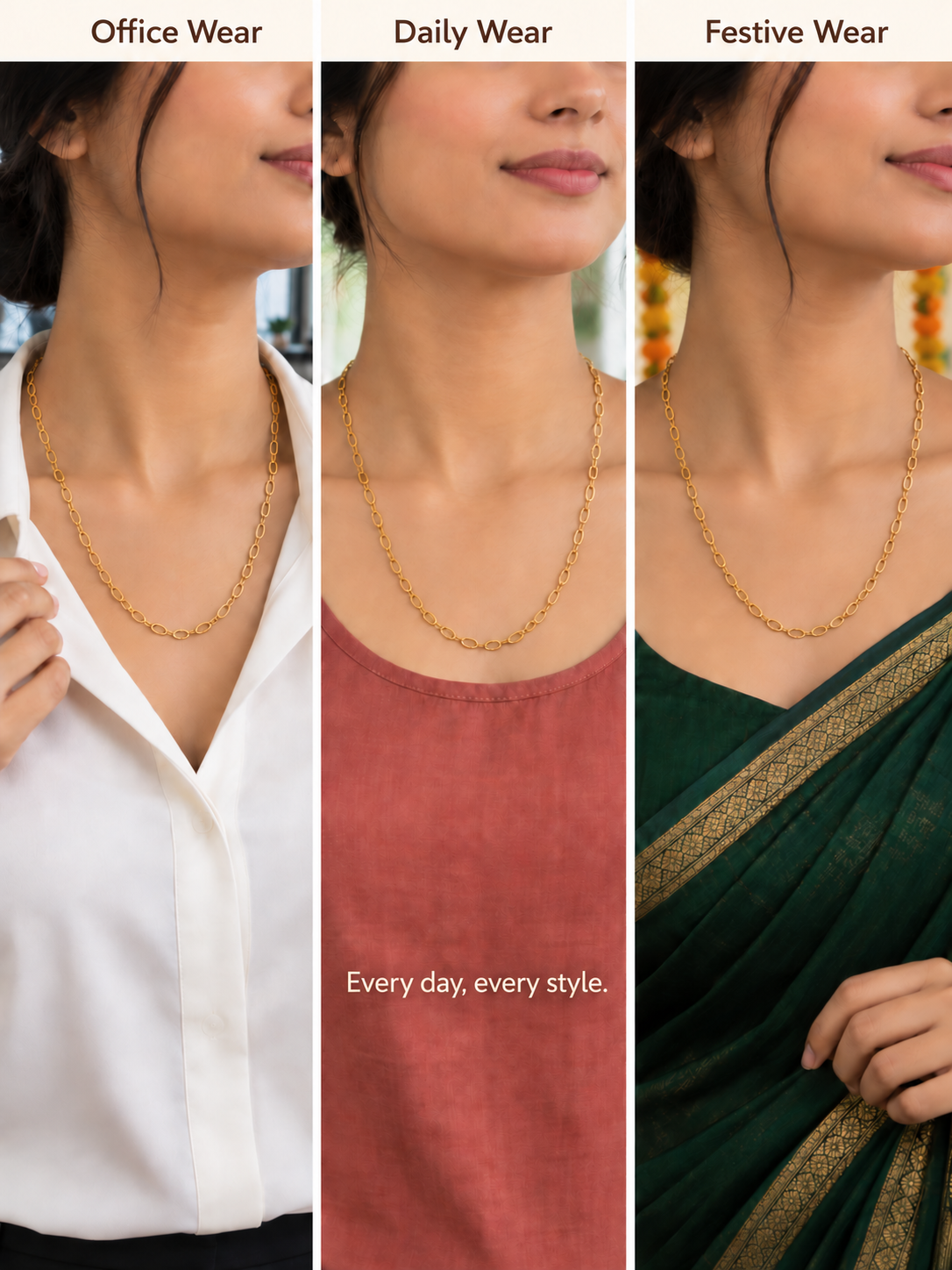Gold plated oval link chain styled with office shirt, daily wear top and festive saree