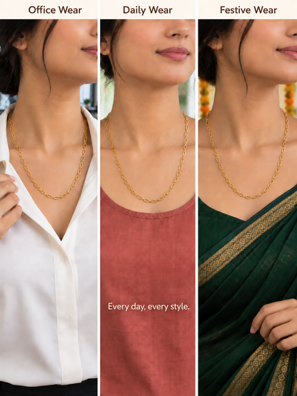 Gold plated oval link chain styled with office shirt, daily wear top and festive saree