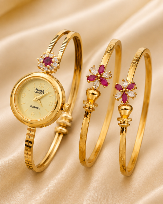 Adjustable Gold-Tone Floral Watch & Bracelet Combo Set For Women | 1 Pair Bracelet + 1 Watch Set