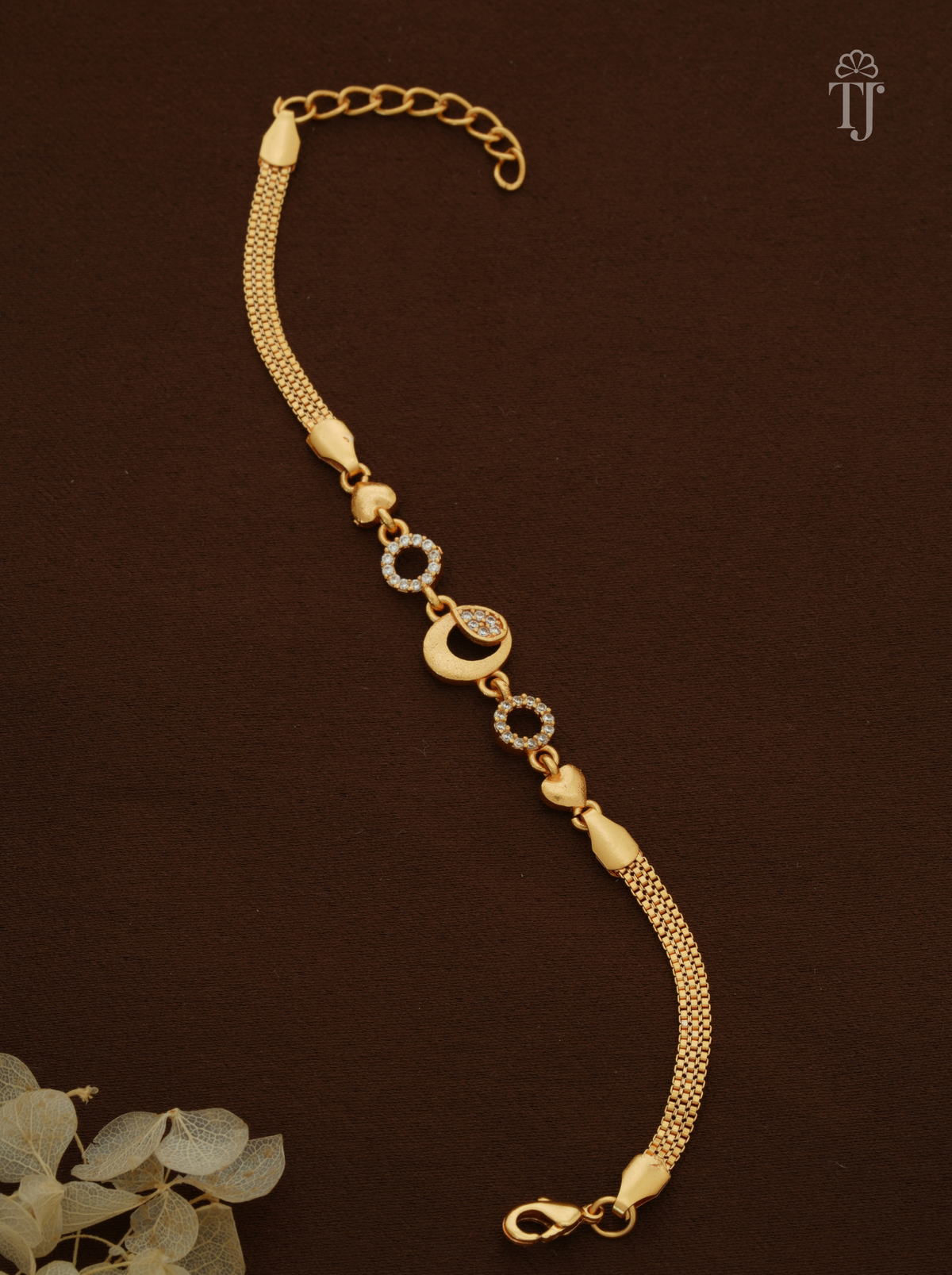 gold moon charm with AD stone drop, stone rings and heart links