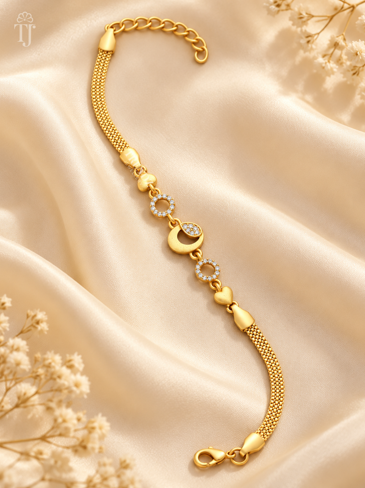 Premium gold-plated bracelet with moon charm and white AD stones on white satin