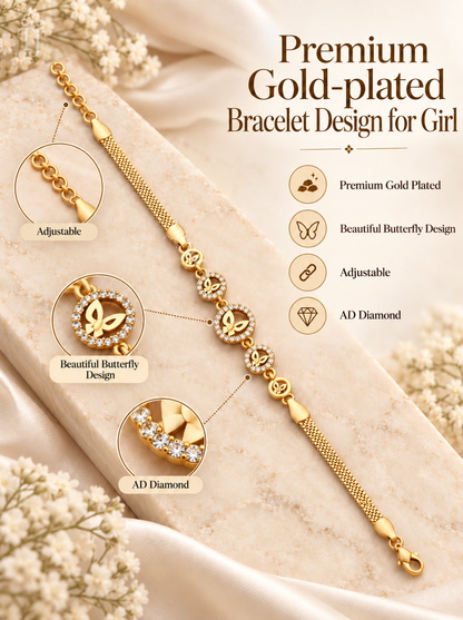 Gold-plated butterfly bracelet for girls, featuring a mesh chain, butterfly charms, and clear crystal accents, displayed on a beige fabric background with product feature callouts.