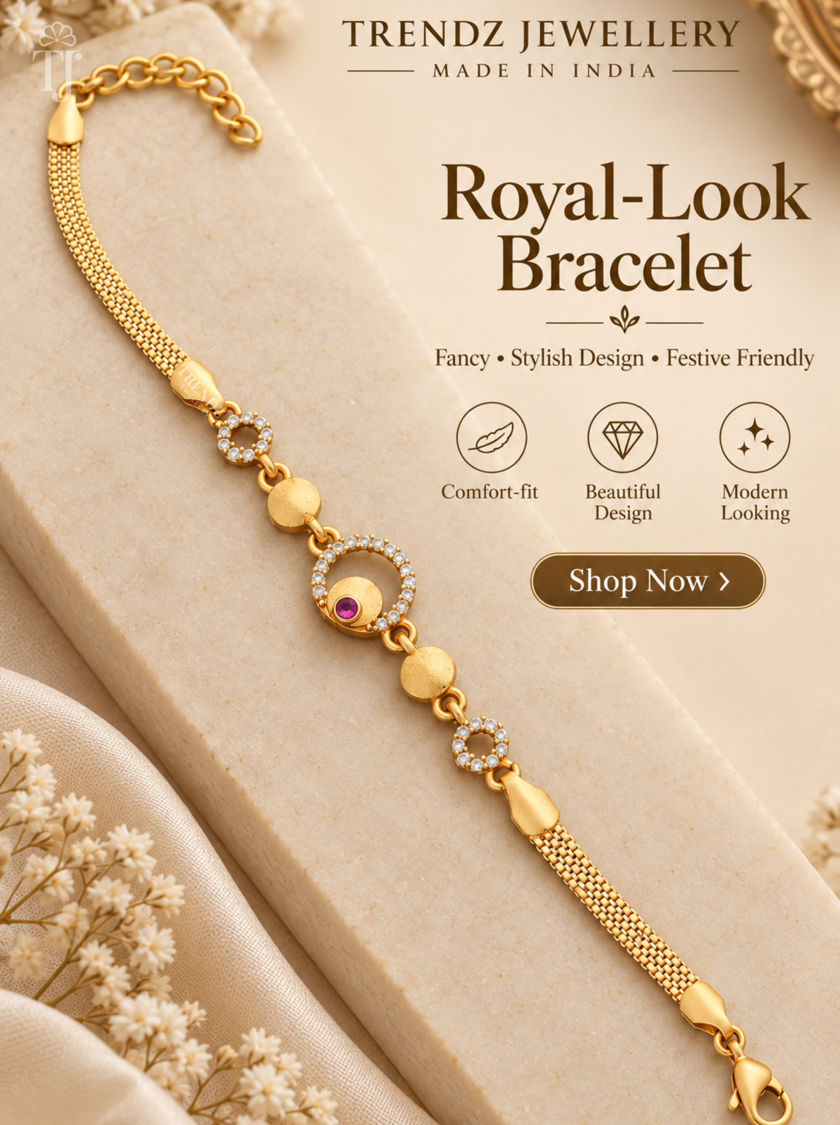 Round charm AD stone bracelet with textured gold links on cream background, Trendz Jewellery