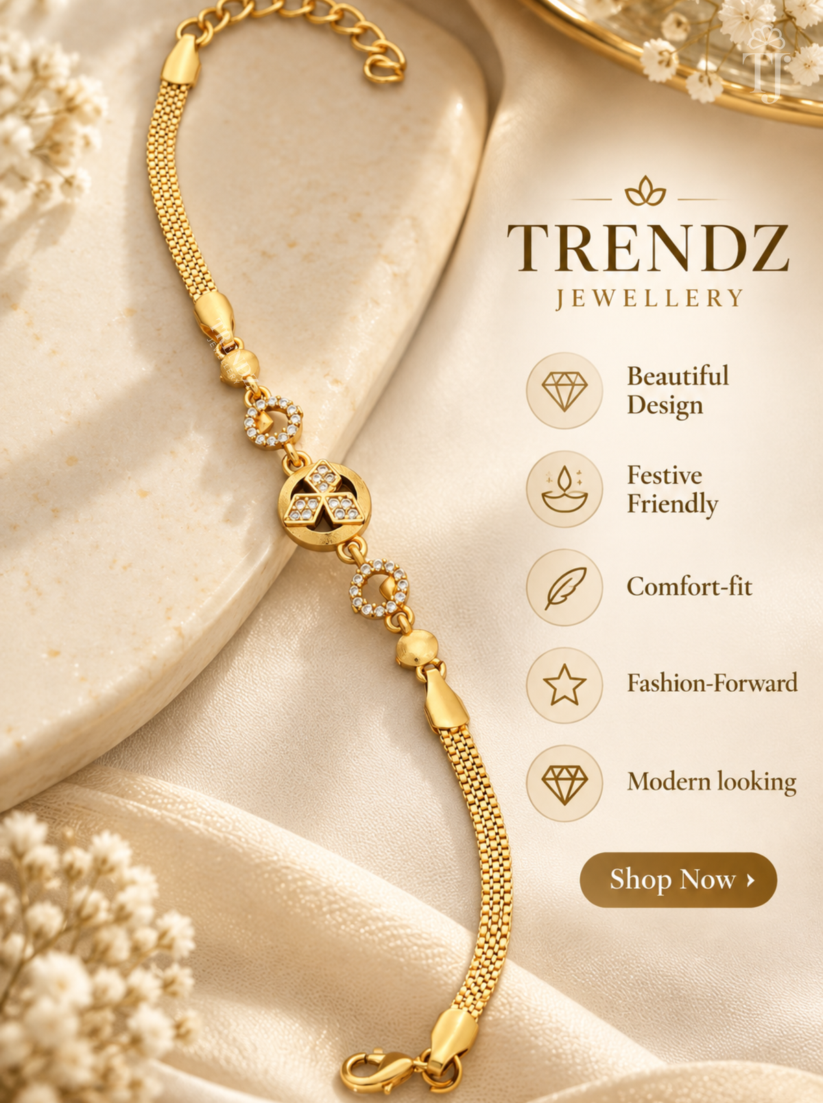 Round charm bracelet with AD stones and flat chain, Trendz Jewellery