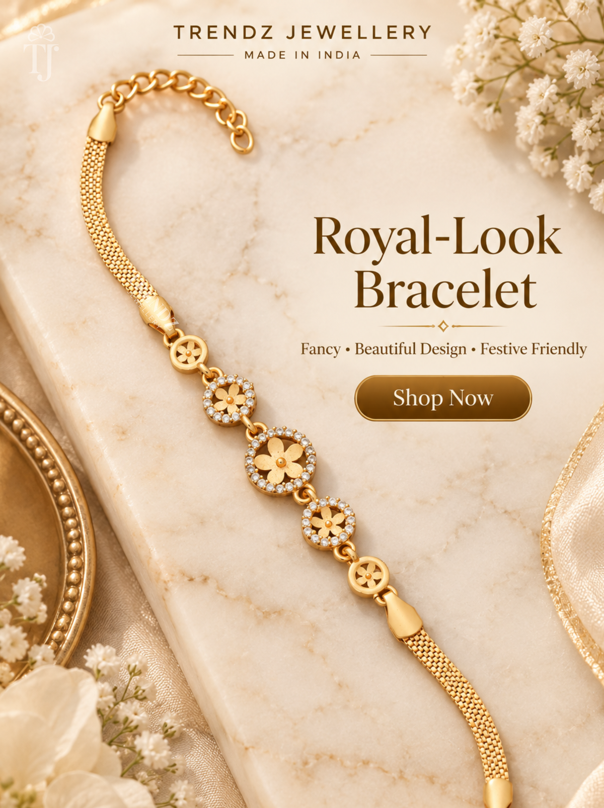 Round flower charm bracelet with white AD stones and mesh chain on cream marble, Trendz Jewellery