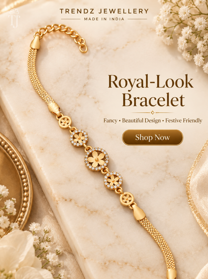 Round flower charm bracelet with white AD stones and mesh chain on cream marble, Trendz Jewellery