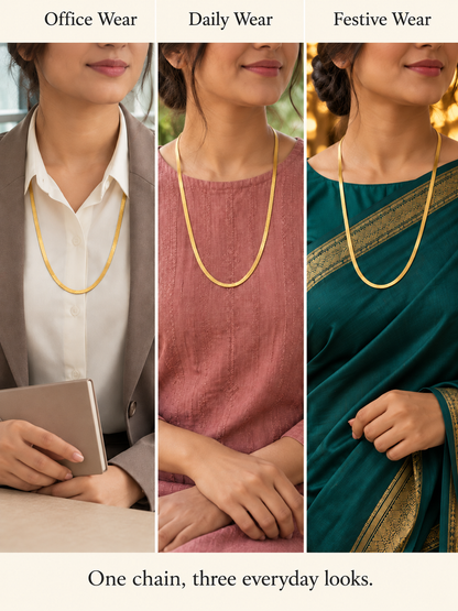 Gold plated snake chain styled with office blazer, pink top and green saree