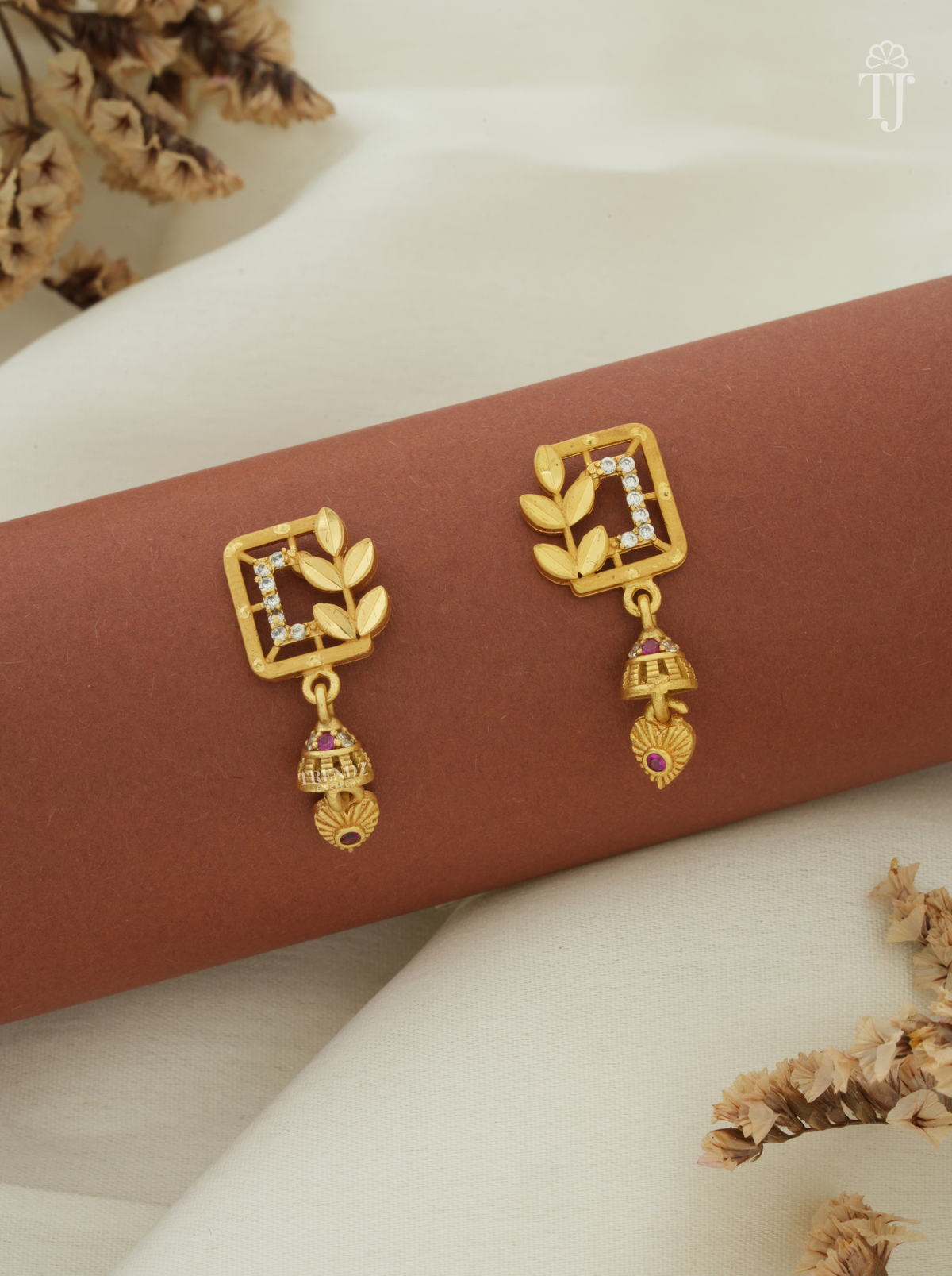 Square gold plated earrings for girls with leaf branch, AD stones and small jhumka drop