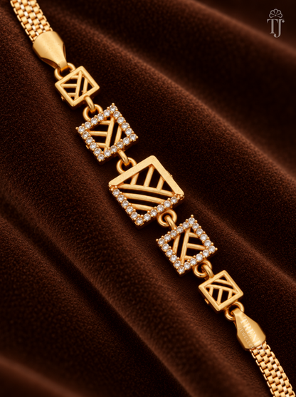 Close-up of square openwork charms with diagonal gold bars and white AD stone borders