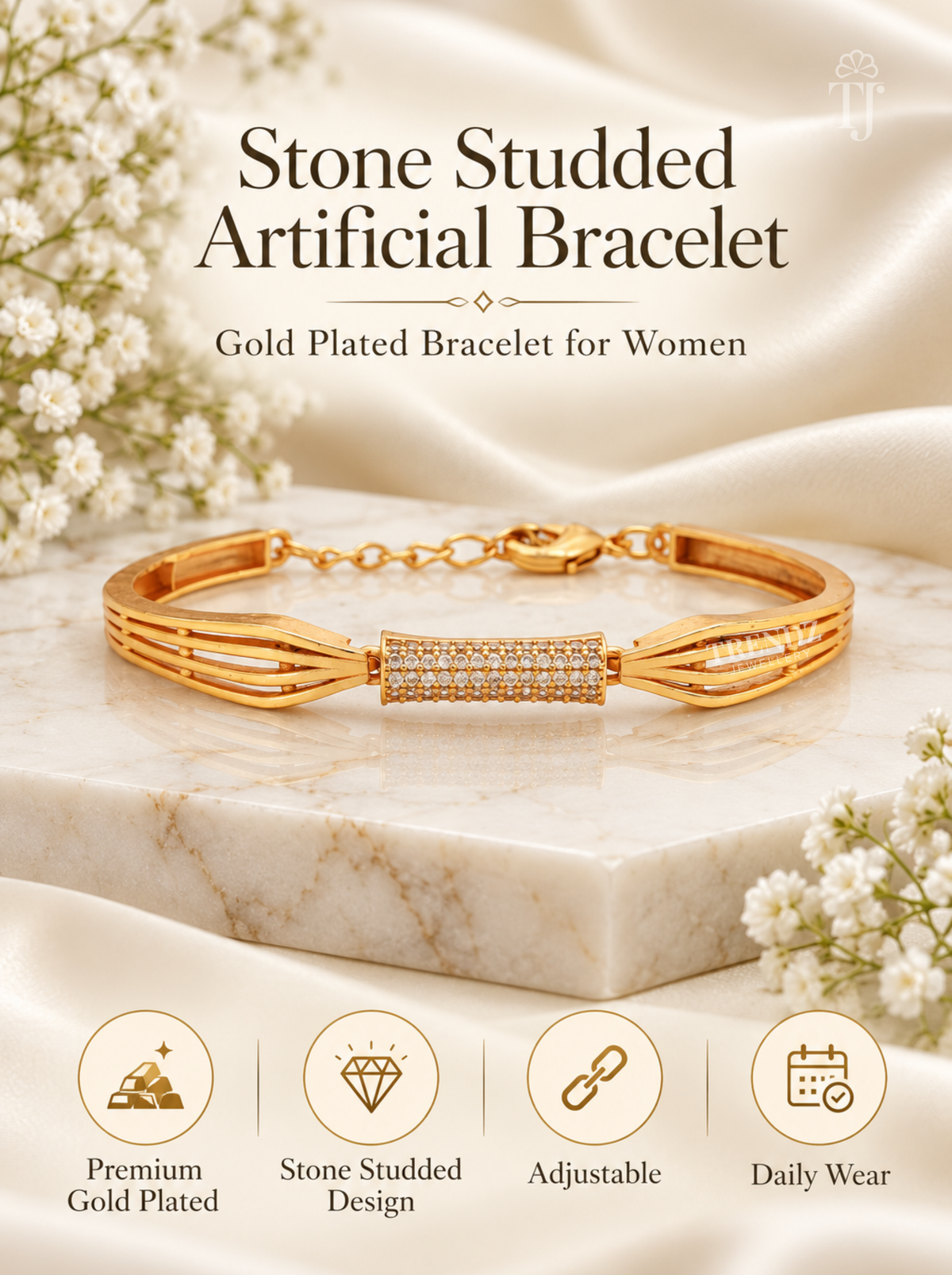 Gold-plated stone-studded adjustable bracelet displayed on a white marble slab with decorative white flowers and satin fabric. Text reads 'Stone Studded Artificial Bracelet' and 'Gold Plated Bracelet for Women,' with feature icons below.