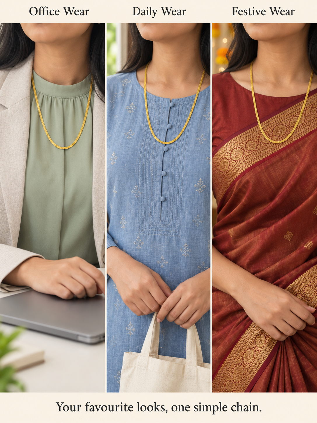 Thin gold plated chain styled with office blazer, blue kurta and maroon saree