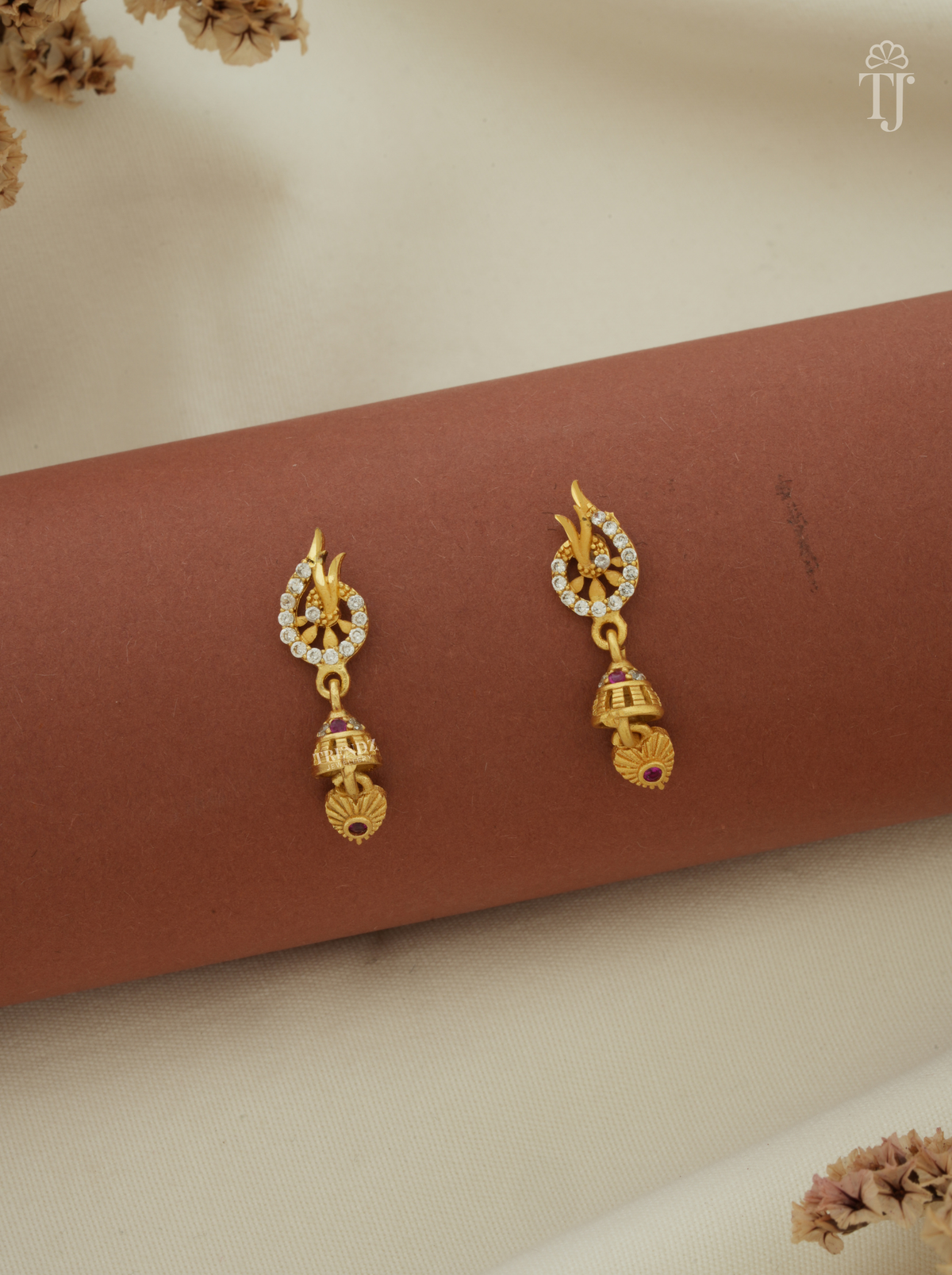 Trendy leaf design gold earrings with AD stone ring and small jhumka, gold plated