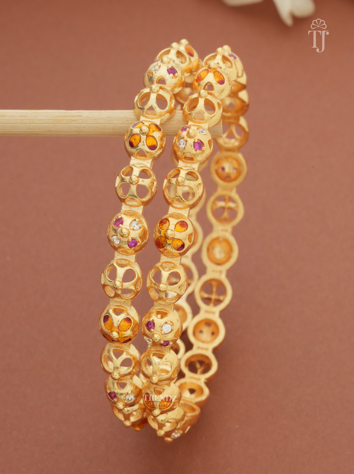 Orange Pink Stone Beaded Bangles for Women (1 Pair)