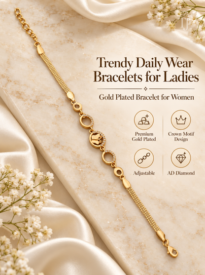 A gold-plated daily wear bracelet for ladies, featuring a crown motif and an AD diamond link, displayed on a beige marble slab with white satin and baby's breath flowers. Text on the image highlights its premium gold-plated status, crown design, adjustability, and AD diamond feature.