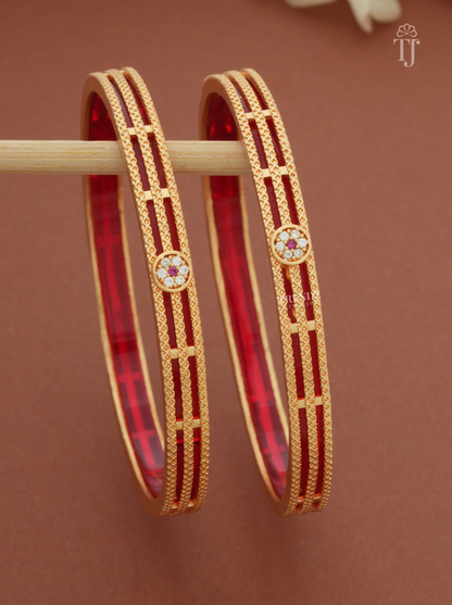 Red White Stone Thin Bangles for Women (1 Pair)