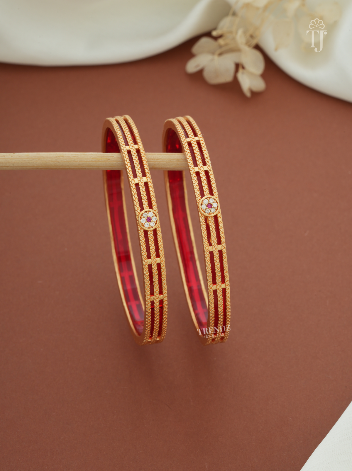 Red White Stone Thin Bangles for Women (1 Pair)