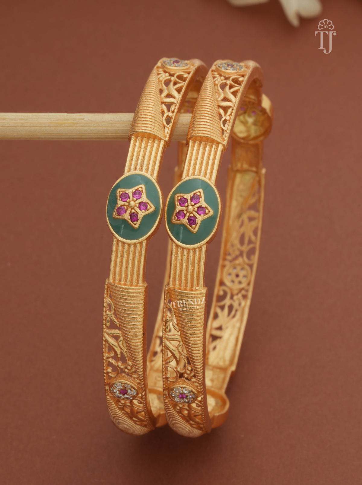 Green Enamel Pink Star Bangles for Women (1 Pair)