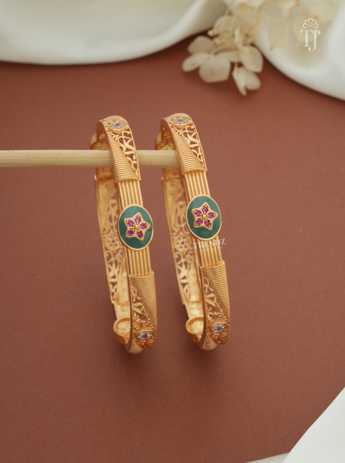 Green Enamel Pink Star Bangles for Women (1 Pair)