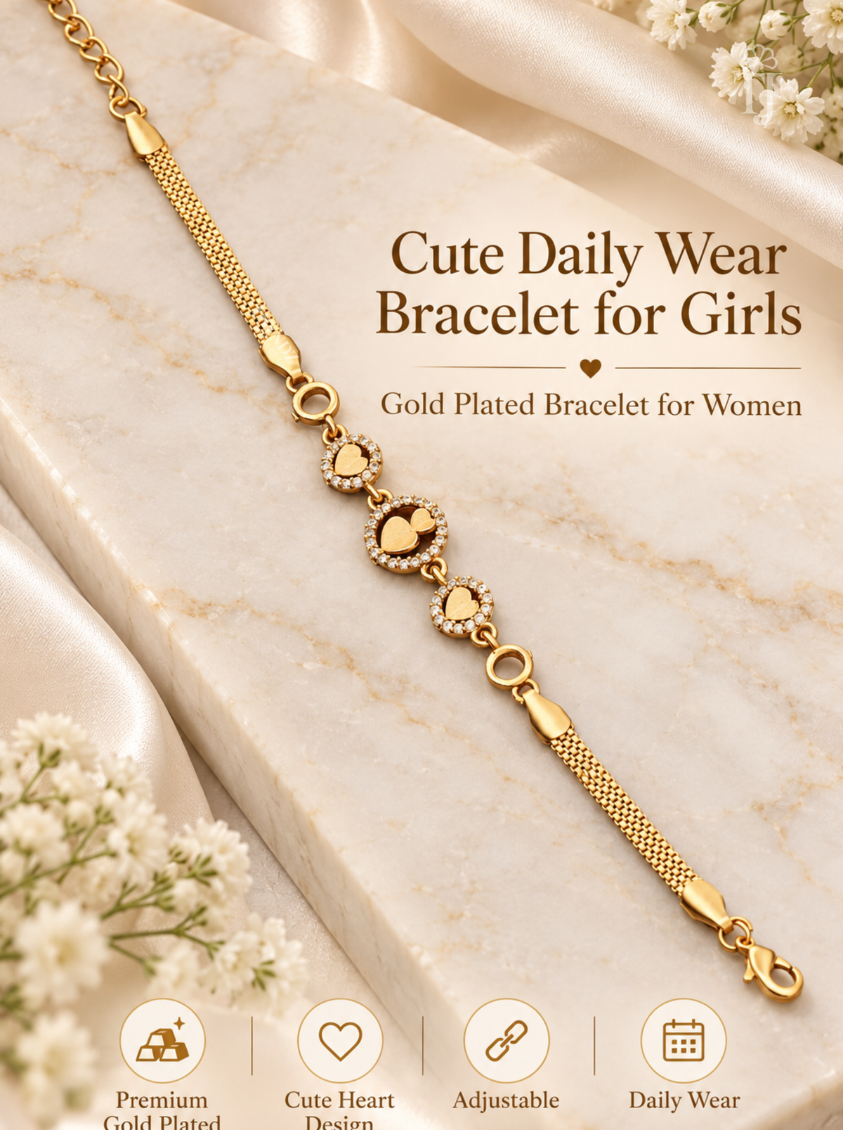 Gold-plated heart charm bracelet with a mesh chain and lobster clasp, displayed on a cream marble surface with satin fabric and small white flowers. Text reads 'Cute Daily Wear Bracelet for Girls' and includes feature icons for premium gold plating, cute heart design, adjustable length, and daily wear.