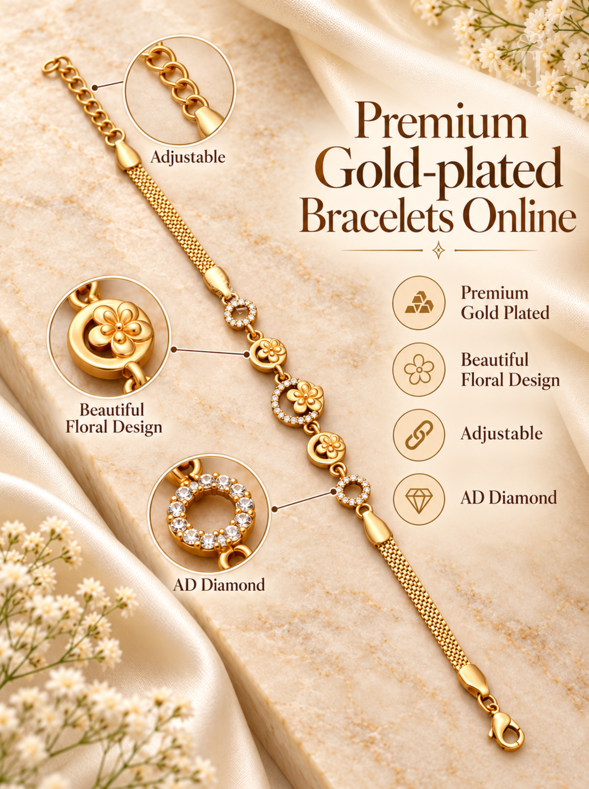 Premium gold plated bracelet online feature card with beautiful floral design adjustable and AD diamond