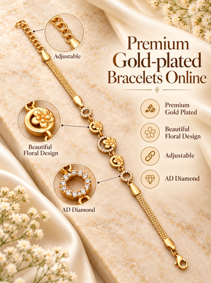 Premium gold plated bracelet online feature card with beautiful floral design adjustable and AD diamond