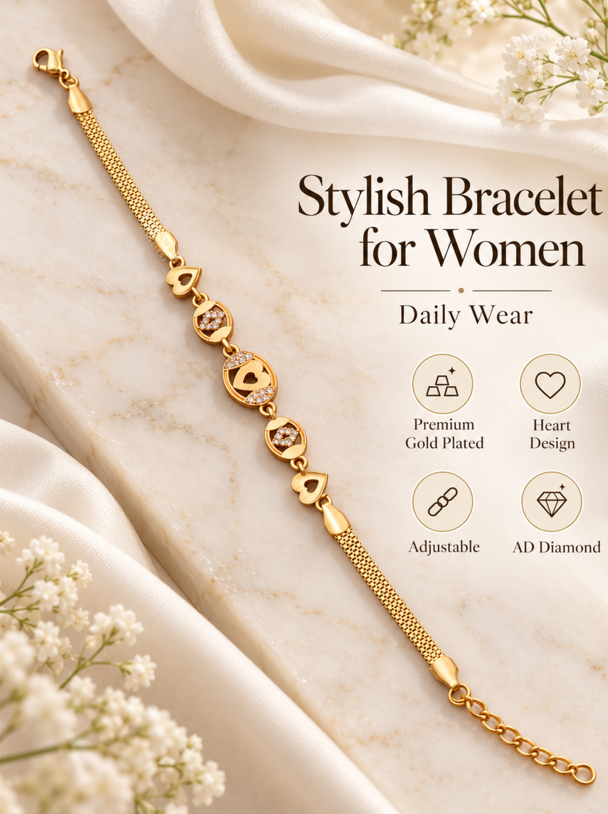 A gold-plated women's bracelet with heart and diamond motifs, styled on a cream marble surface with draped white fabric and baby's breath flowers. Text on the image reads 'Stylish Bracelet for Women' with feature icons for premium gold plating, heart design, adjustable sizing, and AD diamond.