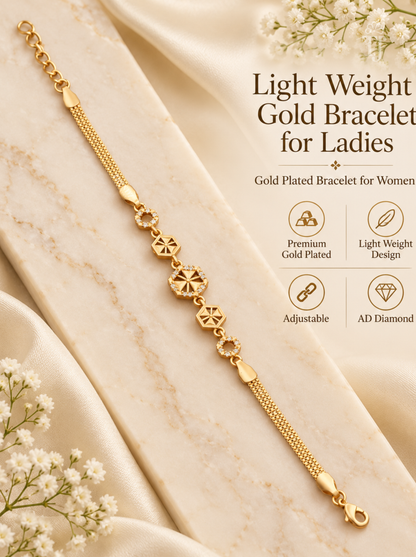 A gold-plated chain bracelet with decorative geometric and floral motifs, displayed diagonally on draped cream satin fabric with small white flowers. Text on the right reads 'Light Weight Gold Bracelet for Ladies' with feature icons for premium gold plating, light weight design, adjustable sizing, and AD diamond.