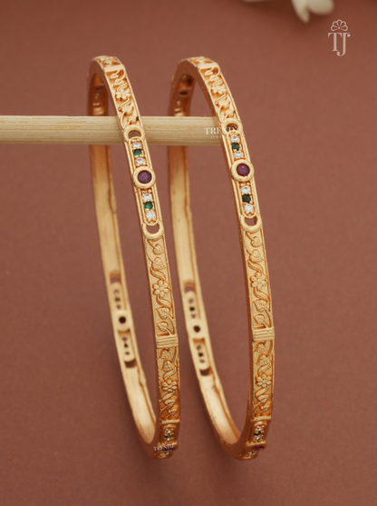 Pink Green Stone Artificial Bangles for Women (1 Pair)