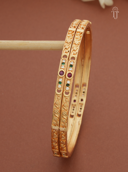 Pink Green Stone Artificial Bangles for Women (1 Pair)