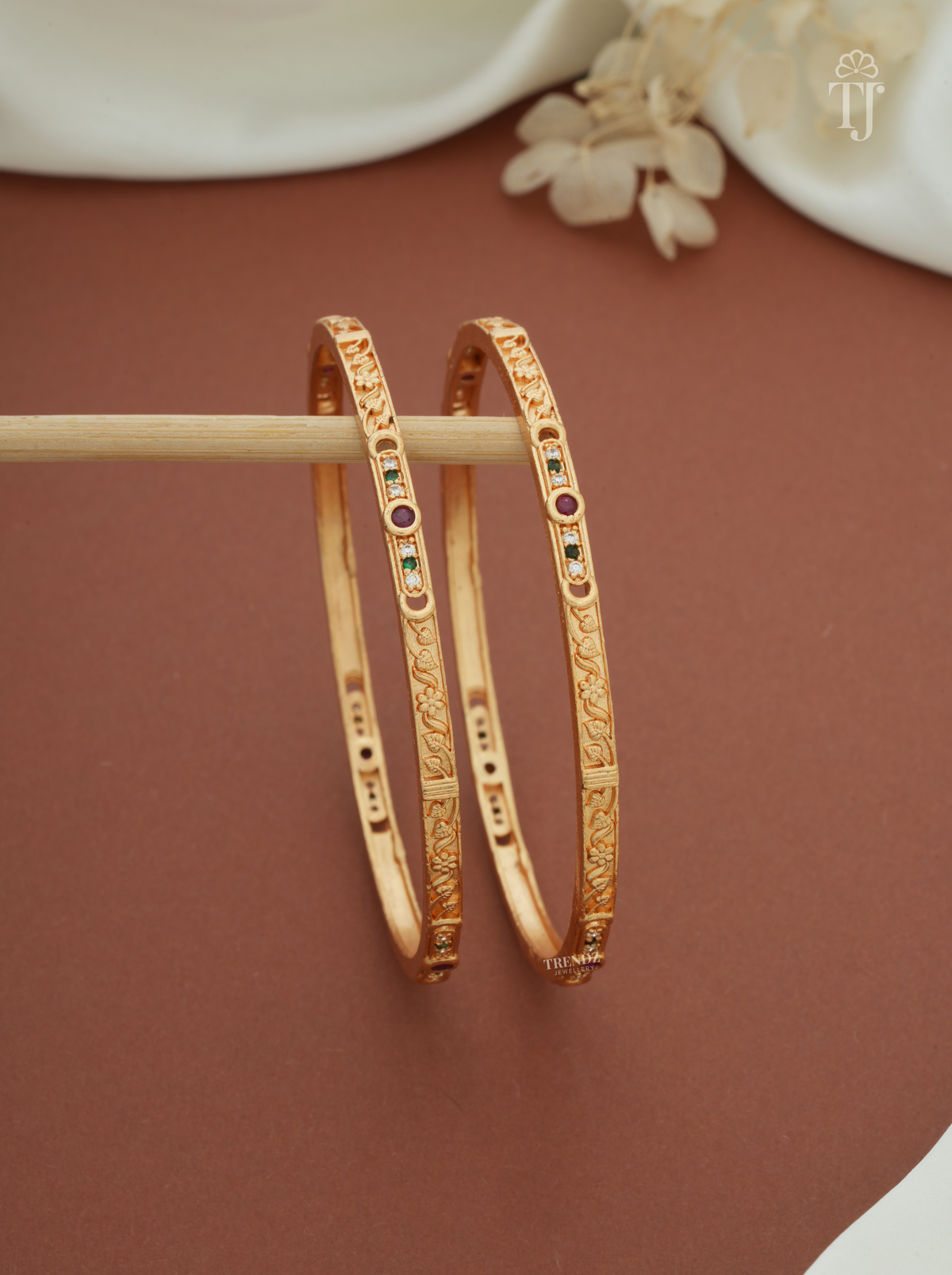 Pink Green Stone Artificial Bangles for Women (1 Pair)