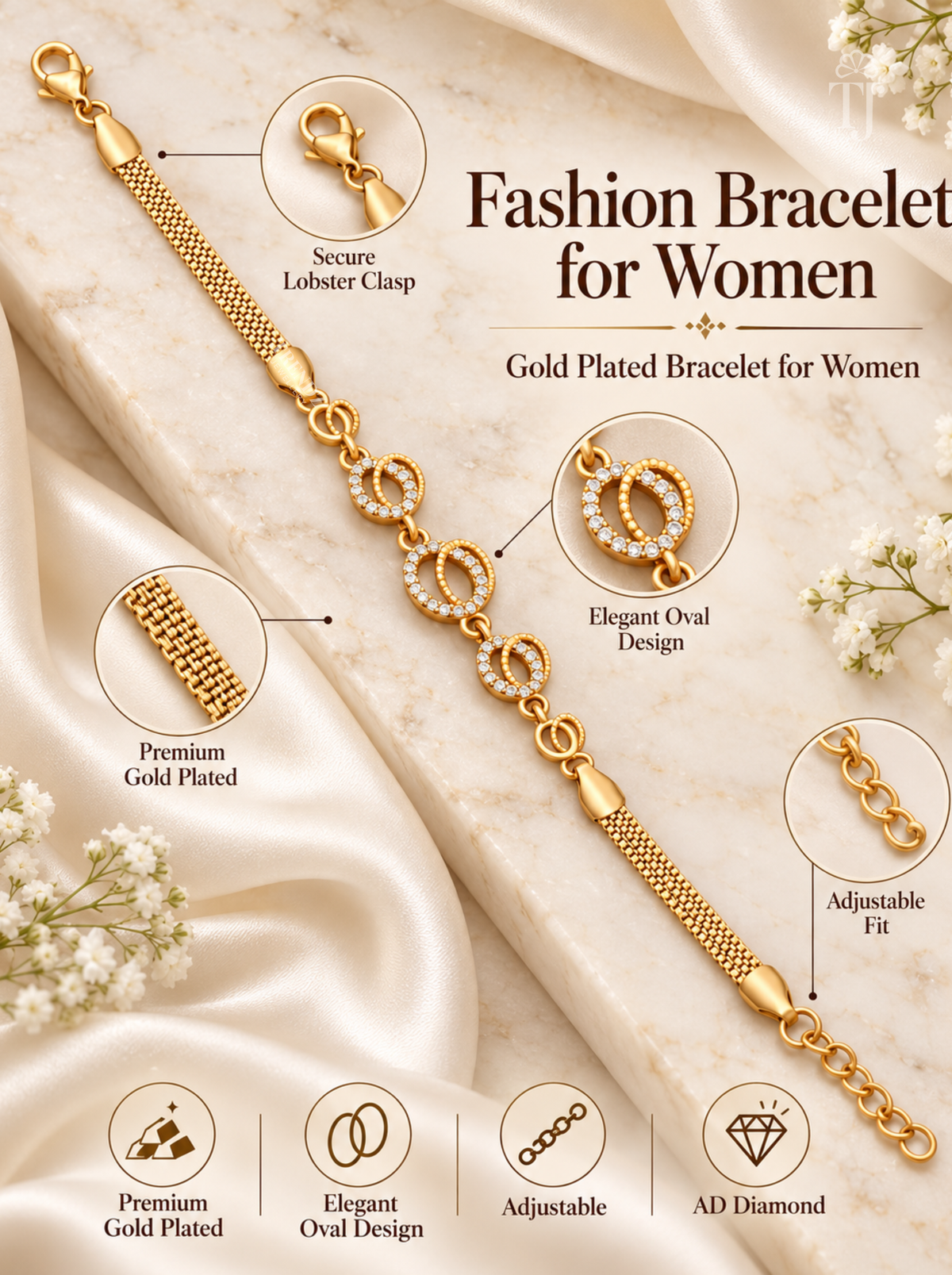 Gold-plated fashion bracelet for women with oval and mesh chain links, shown on draped satin fabric with inset detail callouts and feature icons.