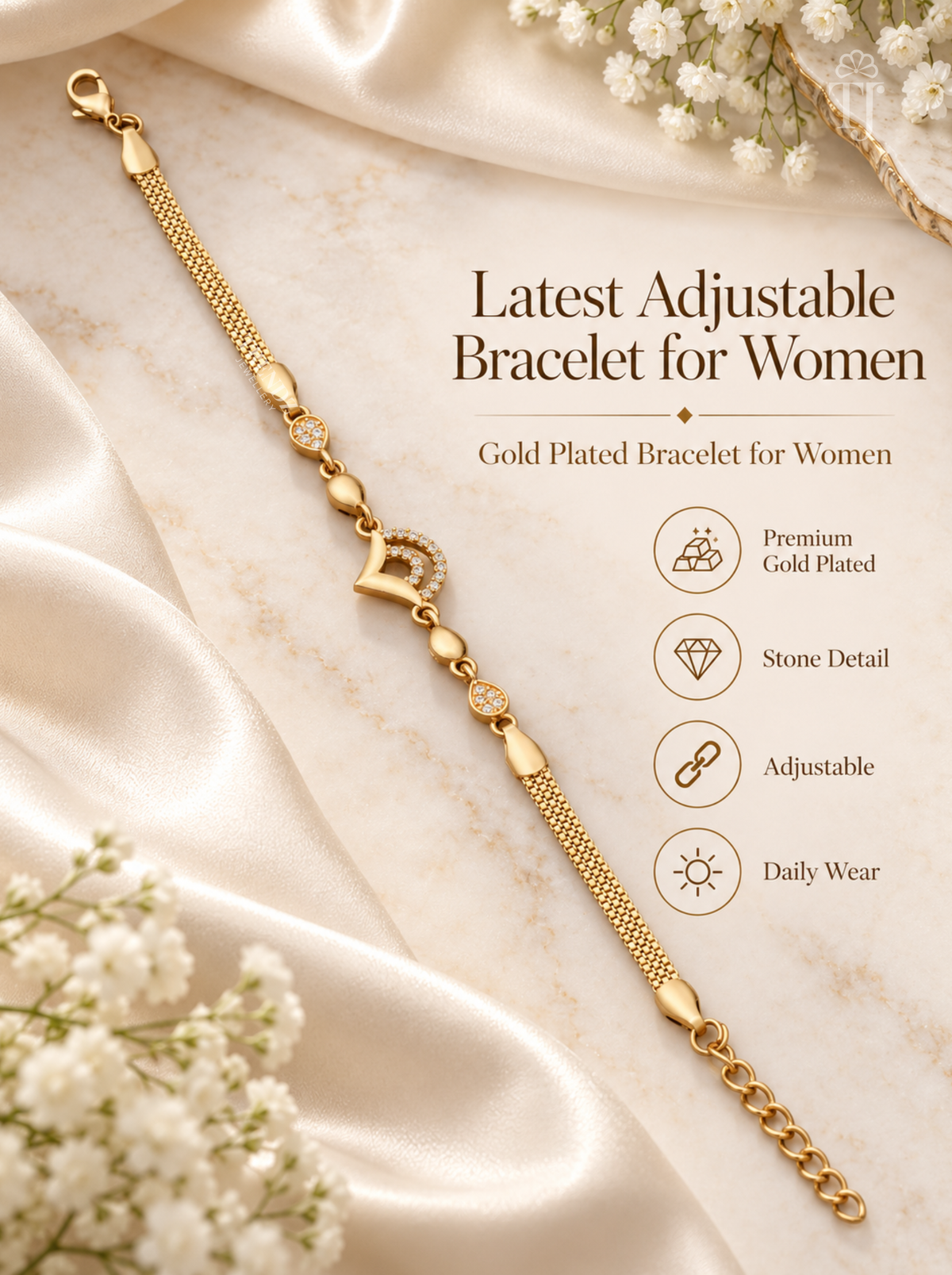 Gold-plated adjustable bracelet for women with a heart-shaped charm and stone details, displayed on a cream satin background with decorative baby's breath flowers and promotional text.