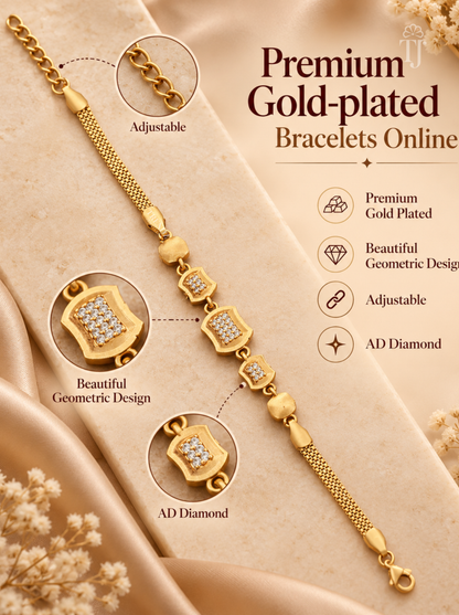 Premium gold plated bracelet online feature card with beautiful geometric design adjustable and AD diamond