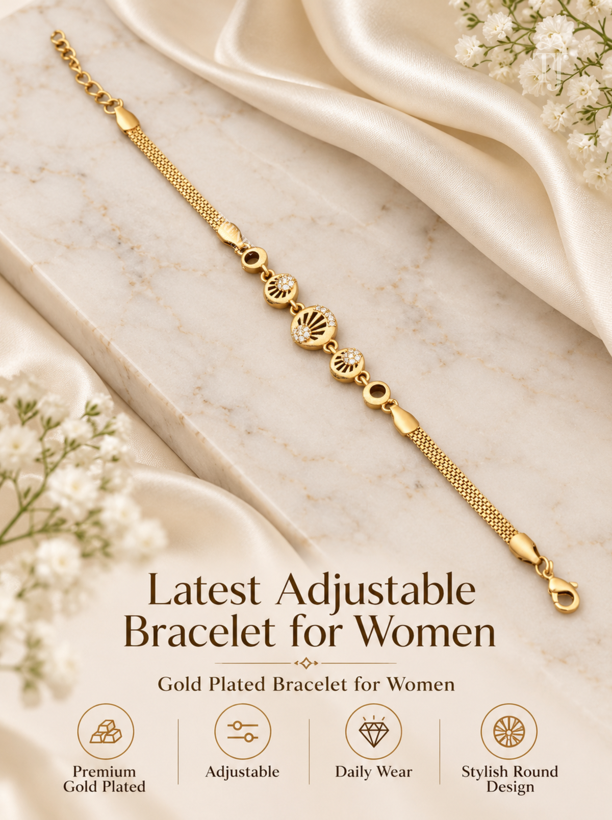 A gold-plated adjustable bracelet for women, displayed diagonally on a cream-colored marble slab with draped satin fabric and small white flowers. The image includes text overlays and feature icons at the bottom.