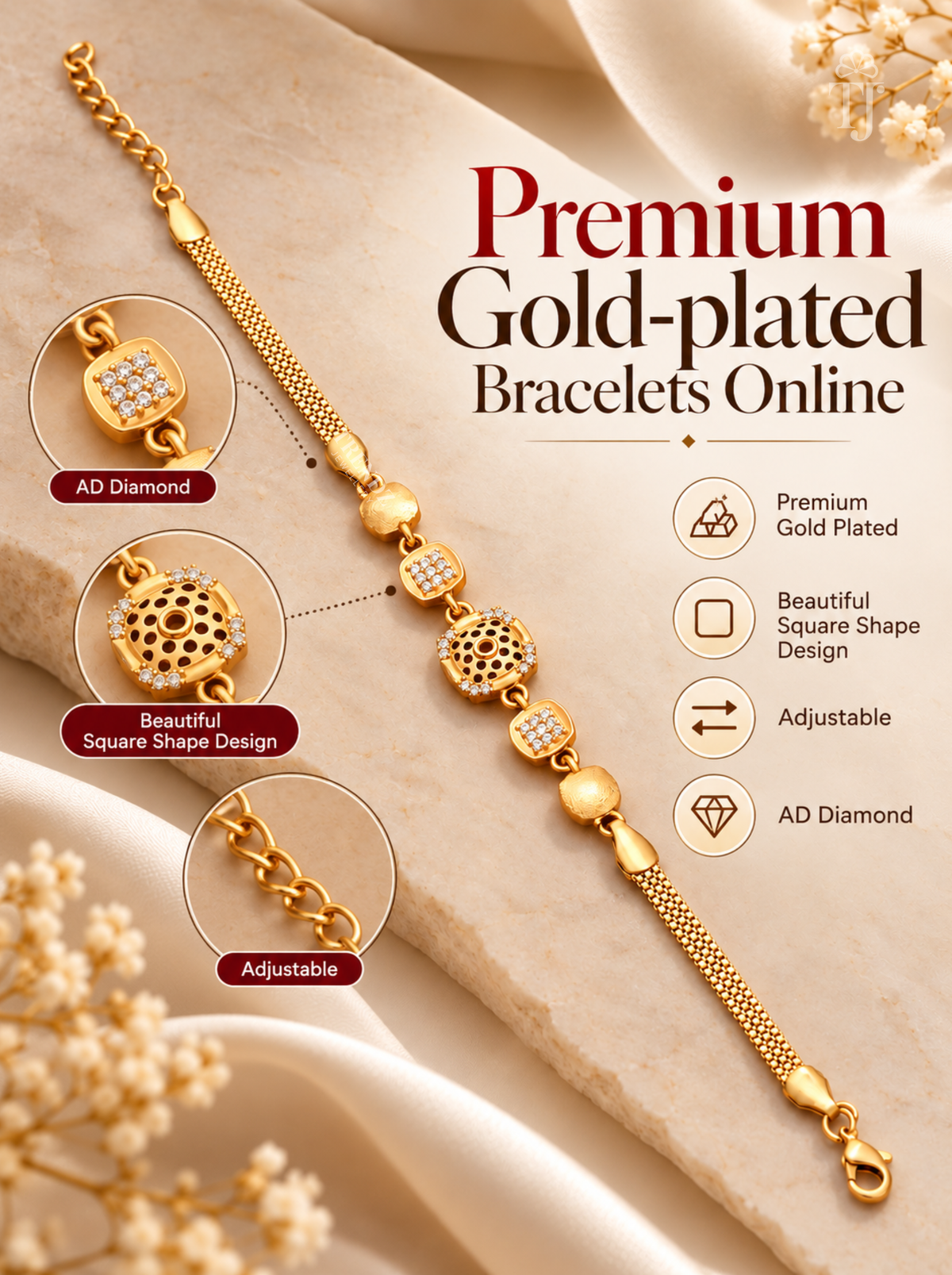 Premium gold plated bracelet online feature card with beautiful square shape design adjustable and AD diamond
