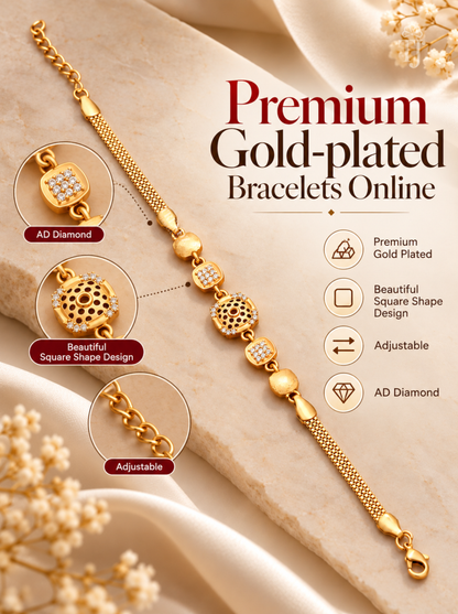 Premium gold plated bracelet online feature card with beautiful square shape design adjustable and AD diamond